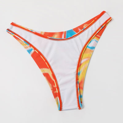 Four-piece tie-dyed bikini swimsuit set in orange, yellow, and white, with a triangle top, high-cut bottoms, ruched mini skirt, and matching headscarf. - Image 31