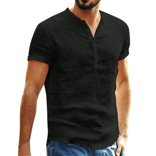 Camisa de Cuello Parado en Algodón y Lino de Manga Corta - Image 7