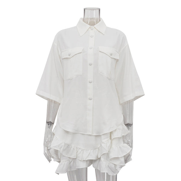 Conjunto Elegante: Blusa Manga Corta con Cuello Solapa y Falda Plisada - Image 6