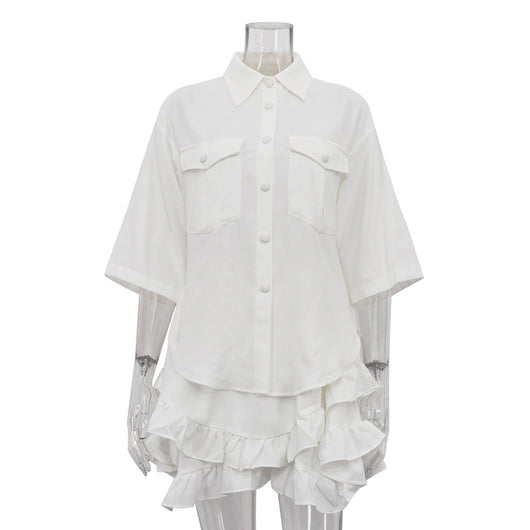 Conjunto Elegante: Blusa Manga Corta con Cuello Solapa y Falda Plisada - Image 6