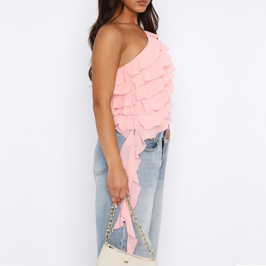 Blusa Asimétrica con Volantes en Colores Sólidos - Image 28