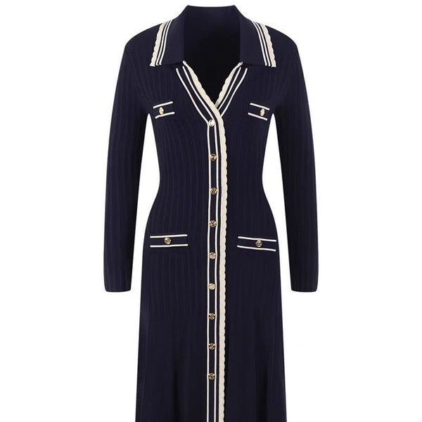Vestido Largo Tejido Cuello Solapa V Ajustado Elástico Efecto Adelgazante