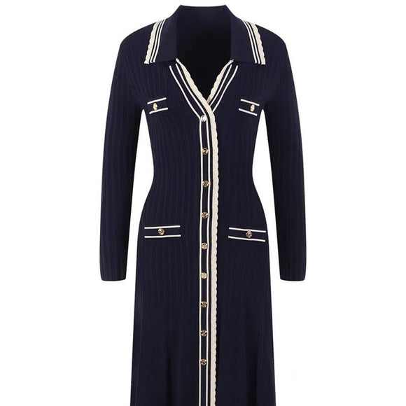 Vestido Largo Tejido Cuello Solapa V Ajustado Elástico Efecto Adelgazante