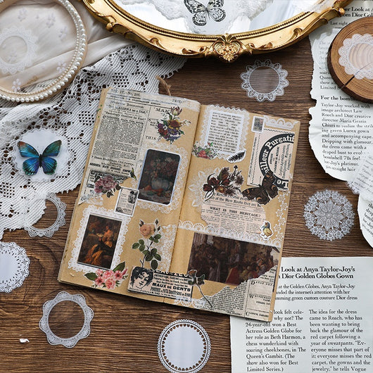 Set of 15 white lace-patterned circular stickers with intricate designs, labeled "North Star Arch" and "30 sheets." - Image 10