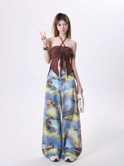 Pantalones Anchos con Estampado Artístico de Ángel y Gatito - Image 3