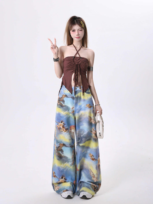 Pantalones Anchos con Estampado Artístico de Ángel y Gatito - Image 3