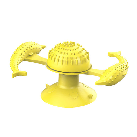 Blue pet toy for cats featuring a spinning windmill design with two dolphin-shaped arms and a suction cup base. - Image 3