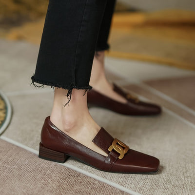 Zapatos de Cuero Marrón Retro con Punta Cuadrada y Tacón Bajo para Mujer - Image 6