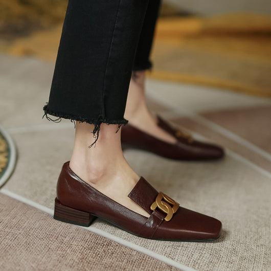 Zapatos de Cuero Marrón Retro con Punta Cuadrada y Tacón Bajo para Mujer - Image 6