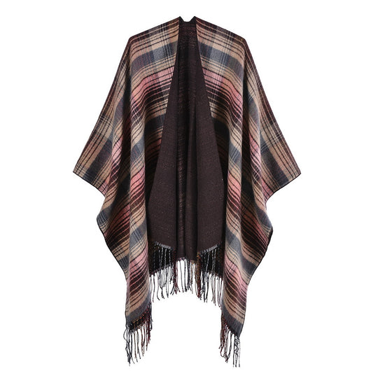 Poncho Cuadros Colorido de Cachemir Sintético con Borlas - Image 12