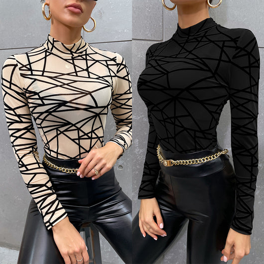 Blusa Slim Elegante de Cuello Alto con Malla y Efecto Flocking - Image 17