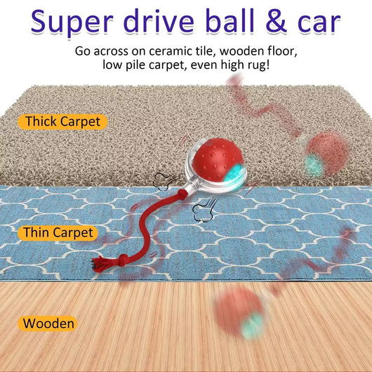 Red interactive cat toy ball with clear shell and glowing blue light, attached to a red rope, next to a playful tabby kitten. - Image 5