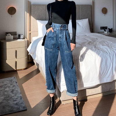 Pantalones Denim Cintura Alta Rectos Pierna Ancha Retro para Mujer - Image 3