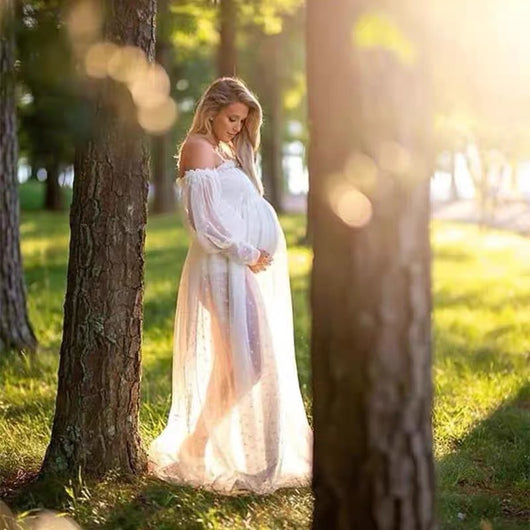 Vestido Premamá Hombros Descubiertos con Mangas Abullonadas y Estampado de Puntos - Image 9