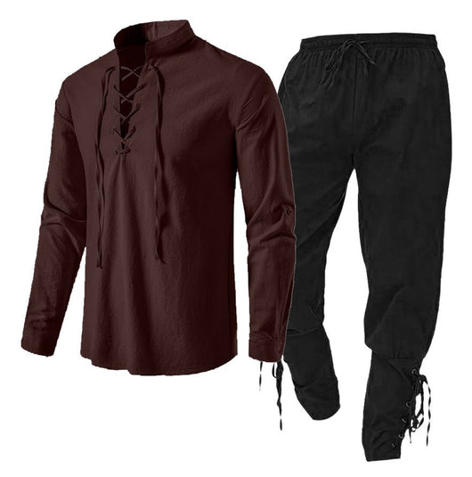 Conjunto de Dos Piezas: Camisa Casual de Lino y Algodón Manga Larga Color Sólido - Image 10