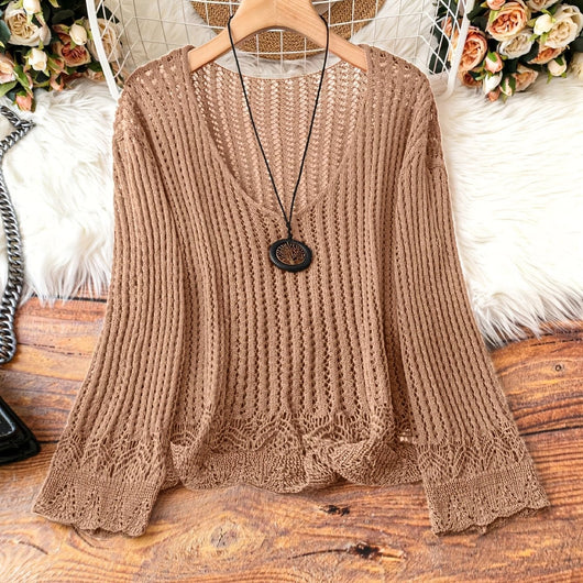 Suéter Calado Talla Grande para Mujer - Manga Larga Tejida Cuello V - Image 5