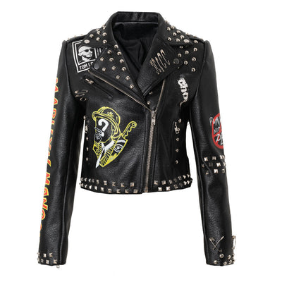 Chaqueta PU Ajustada con Estampado Graffiti y Tachuelas Metálicas para Mujer