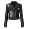 Women's Fitted Graffiti Print PU Jacket with Metal Studs