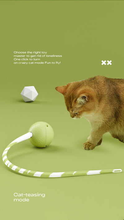Light green interactive cat ball toy with a green and white striped flexible wand, shown with a white USB charging cable. - Image 6