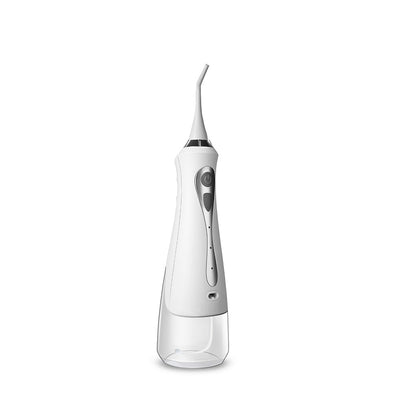 White portable electric water flosser with a clear water tank and silver control panel, standing upright. - Image 8