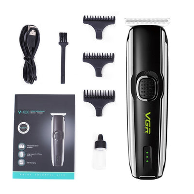 VGR V-020 professional black and silver rechargeable beard trimmer kit with 1mm, 2mm, 3mm guide combs, USB cable, cleaning brush, and oil. - Image 5
