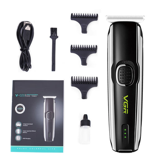 VGR V-020 professional black and silver rechargeable beard trimmer kit with 1mm, 2mm, 3mm guide combs, USB cable, cleaning brush, and oil. - Image 5