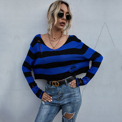 Suéter Oversize con Cuello en V, Rayas y Detalles Rotos - Image 6