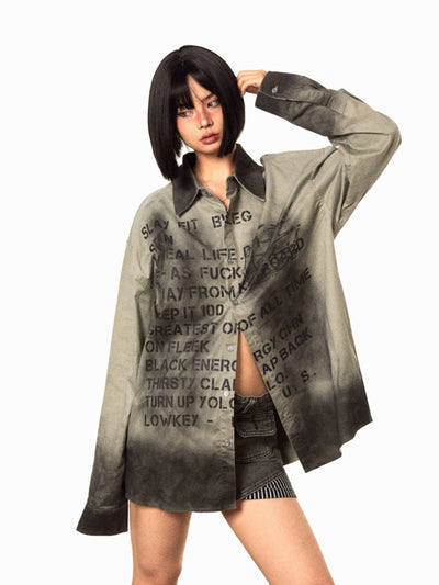 Camisa Retro Degradado Estampado Letras Manga Larga Mujer Holgada Casual - Image 3