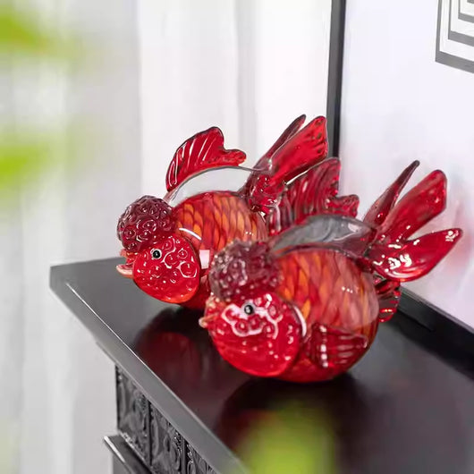 Mueble TV Entrada Cristal Rojo con Adornos Peces Dorados
