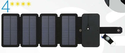 Black portable folding solar panel charger with six panels attached to a backpack in an outdoor setting. - Image 5