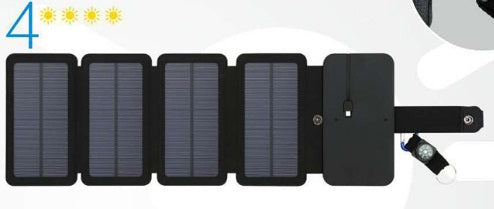 Black portable folding solar panel charger with six panels attached to a backpack in an outdoor setting. - Image 5