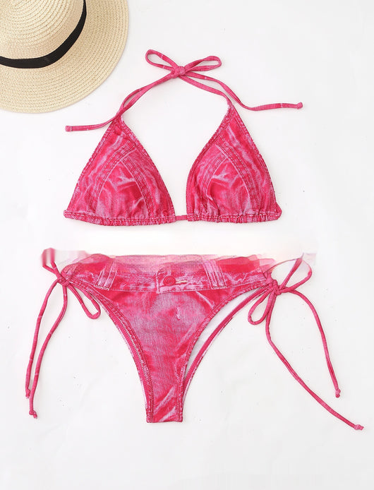 Women's light blue denim print two-piece bikini swimsuit with a halter neck top and tie-side bottoms, styled with a straw hat and sunglasses. - Image 9