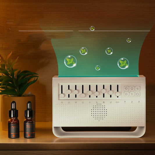 White noise simulation flame aromatherapy machine with multiple sound sliders, control buttons, and a perforated speaker grille. - Image 2