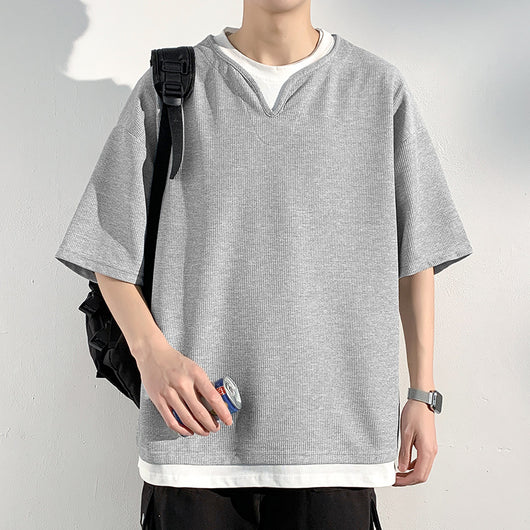 Playera de Verano Hombre Cuello Falso Dos Piezas Manga Corta Trendy - Image 5
