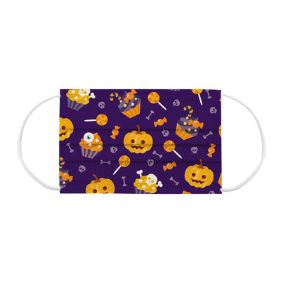 Yellow disposable face mask with black Halloween pattern including pumpkins, bats, skulls, ghosts, and gravestones. - Image 8