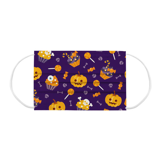 Yellow disposable face mask with black Halloween pattern including pumpkins, bats, skulls, ghosts, and gravestones. - Image 8