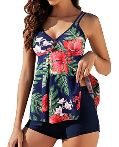 Women's plus size two-piece swimsuit with a red floral print tankini top and black boxer swim shorts. - Image 12