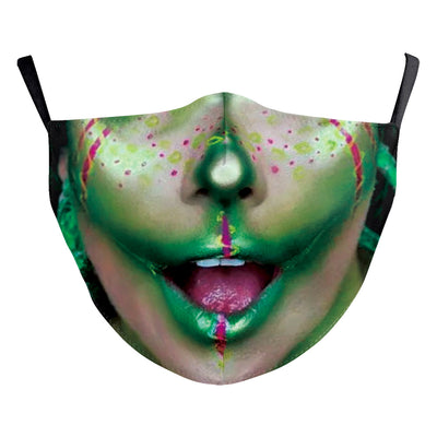 Halloween dust mask with a split design, featuring half a human face with pink lips and half a dark robotic face. - Image 18