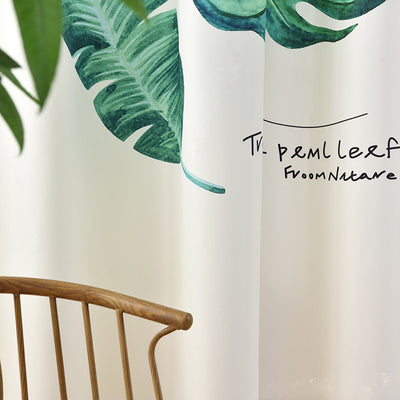 Cream curtain with large green banana leaf and tropical leaf digital print, suitable for a modern living room. - Image 14