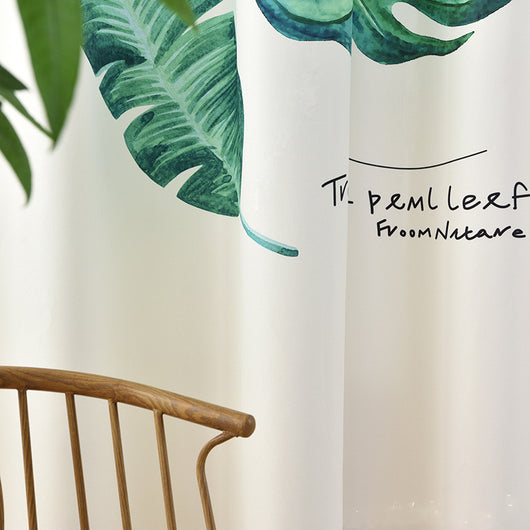 Cream curtain with large green banana leaf and tropical leaf digital print, suitable for a modern living room. - Image 14