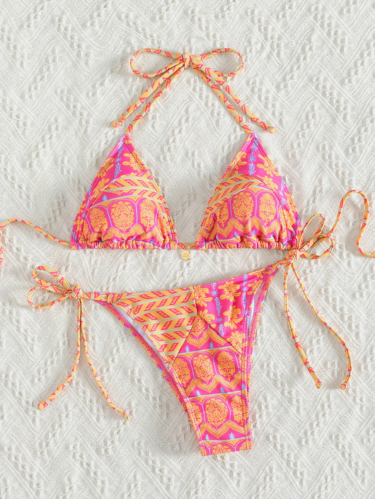 Red floral print triangle cup bikini set with matching bottom, featuring a small gold charm on the top. - Image 9