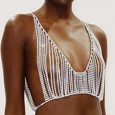 Top Bikini Lujo con Cadena de Cristales para Fiesta y Eventos