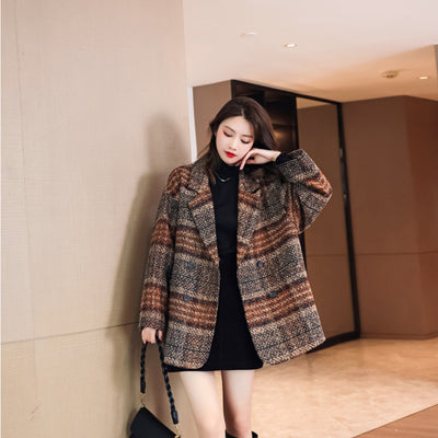 Blazer de Lana Cuadros Tweed Largo Medio - Abrigo Multiuso Moderno
