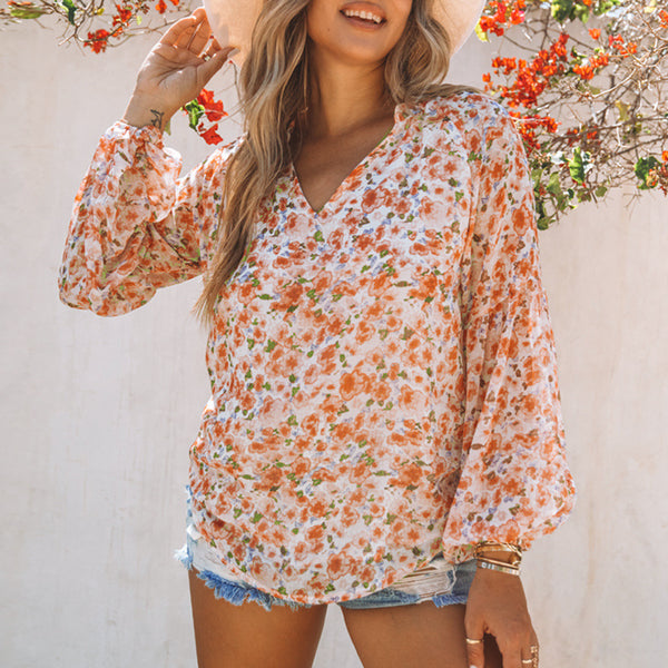 Blusa Floral de Gasa Suelta con Cuello en V