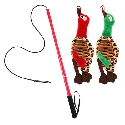 Black telescopic pet training rod with a black cord and two interchangeable braided fabric attachments in green/yellow and blue. - Image 6