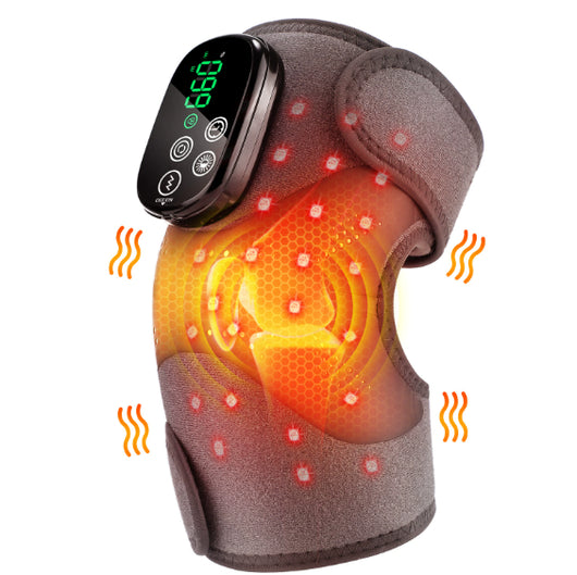 Black knee brace with red infrared lights and a digital control panel, providing heating and vibration massage therapy. - Image 5