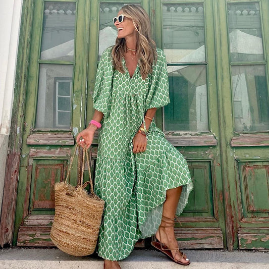 Vestido Bohemio Vintage Estampado para Mujer - Largo Elegante Cuello V Manga Corta