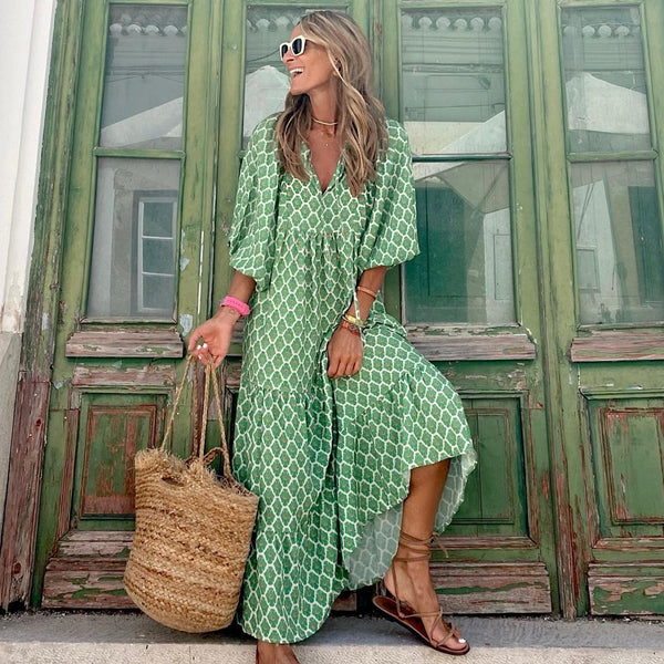Vestido Bohemio Vintage Estampado para Mujer - Largo Elegante Cuello V Manga Corta