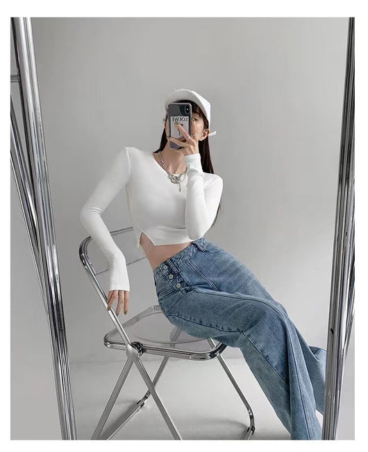 Pantalones Vaqueros de Cintura Alta con Diseño Irregular para Mujer - Image 4