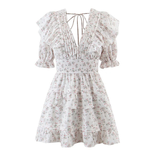 Vestido Estampado Especiado con Mangas Abullonadas y Cordones